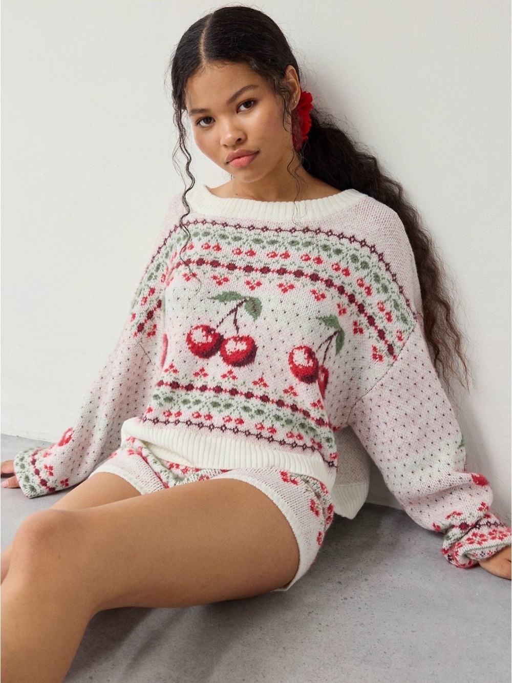 NWT UO Cherry Out From Under Hit The Slopes Cropped Fair Isle Boxy Loose Sweater